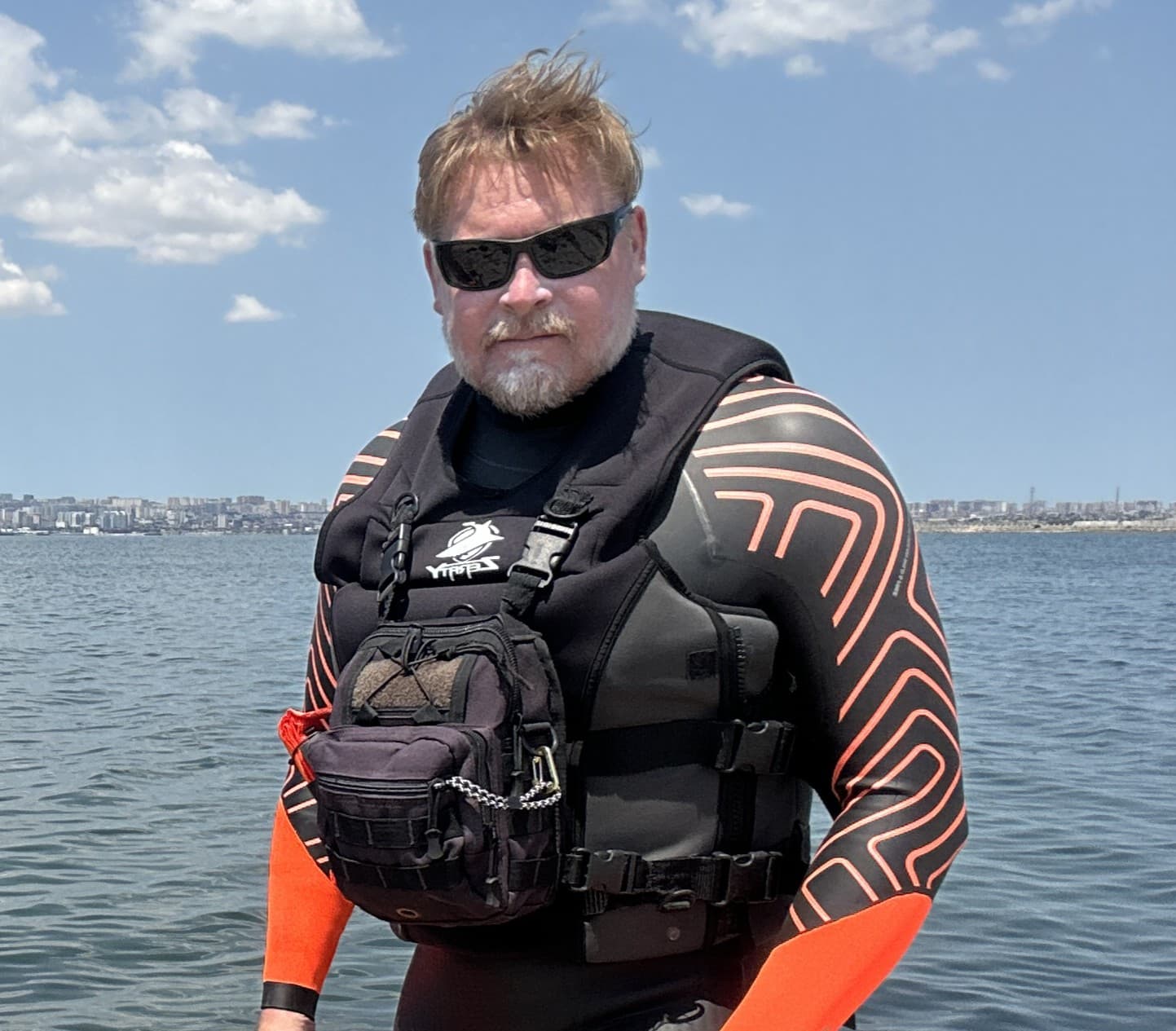 Karl Bushby in swim kit during Caspian training off Baku, Azerbaijan.