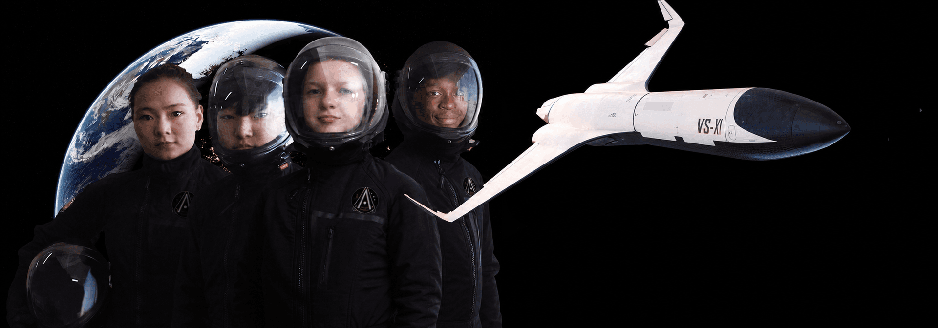 Four young crew members in flight suits beside Earth and a concept spacecraft.