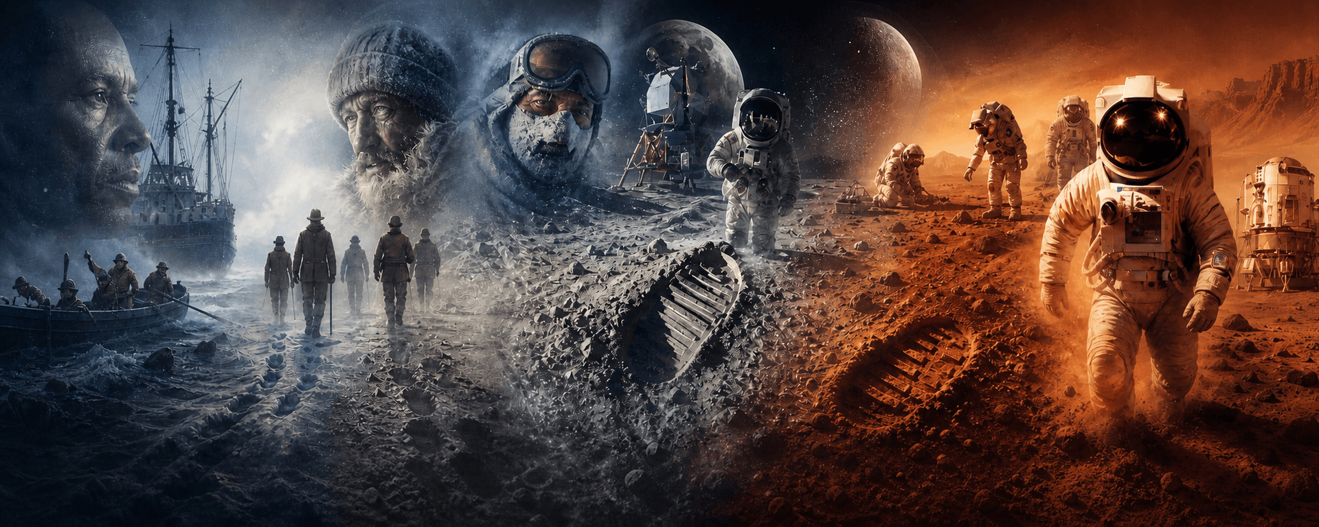 A panoramic journey from polar exploration to lunar and Martian exploration, linked by human footprints.